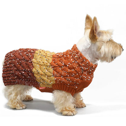 Orange and tan speckled fuzzy dog sweater, chunky knit, turtleneck