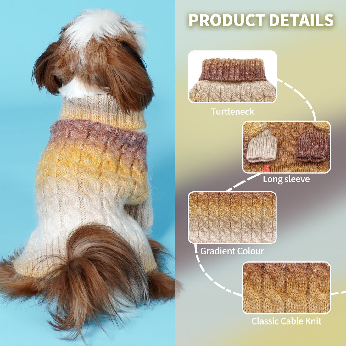 Yellow and brown gradient cable-knit dog sweater, turtleneck and sleeve detail