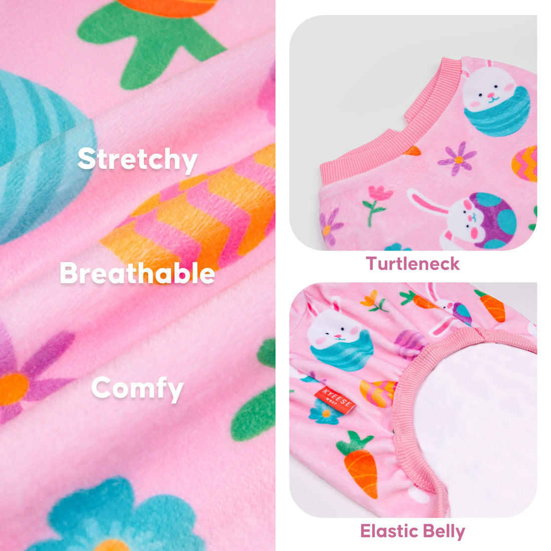 Pink dog onesie close-up: high turtleneck and elastic belly, Easter egg print