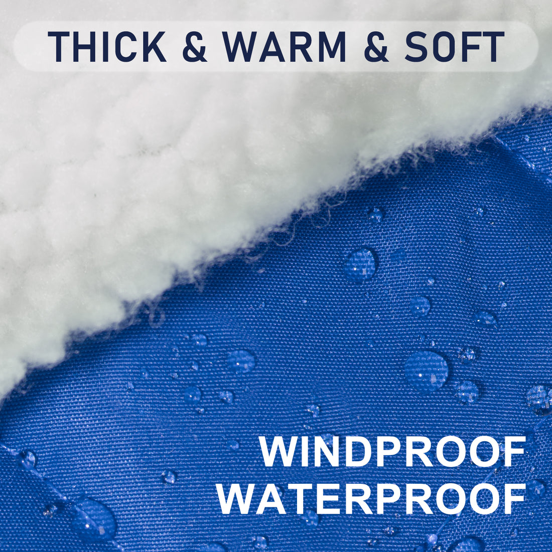 Blue quilted dog coat fabric with visible water beads, windproof and waterproof layer
