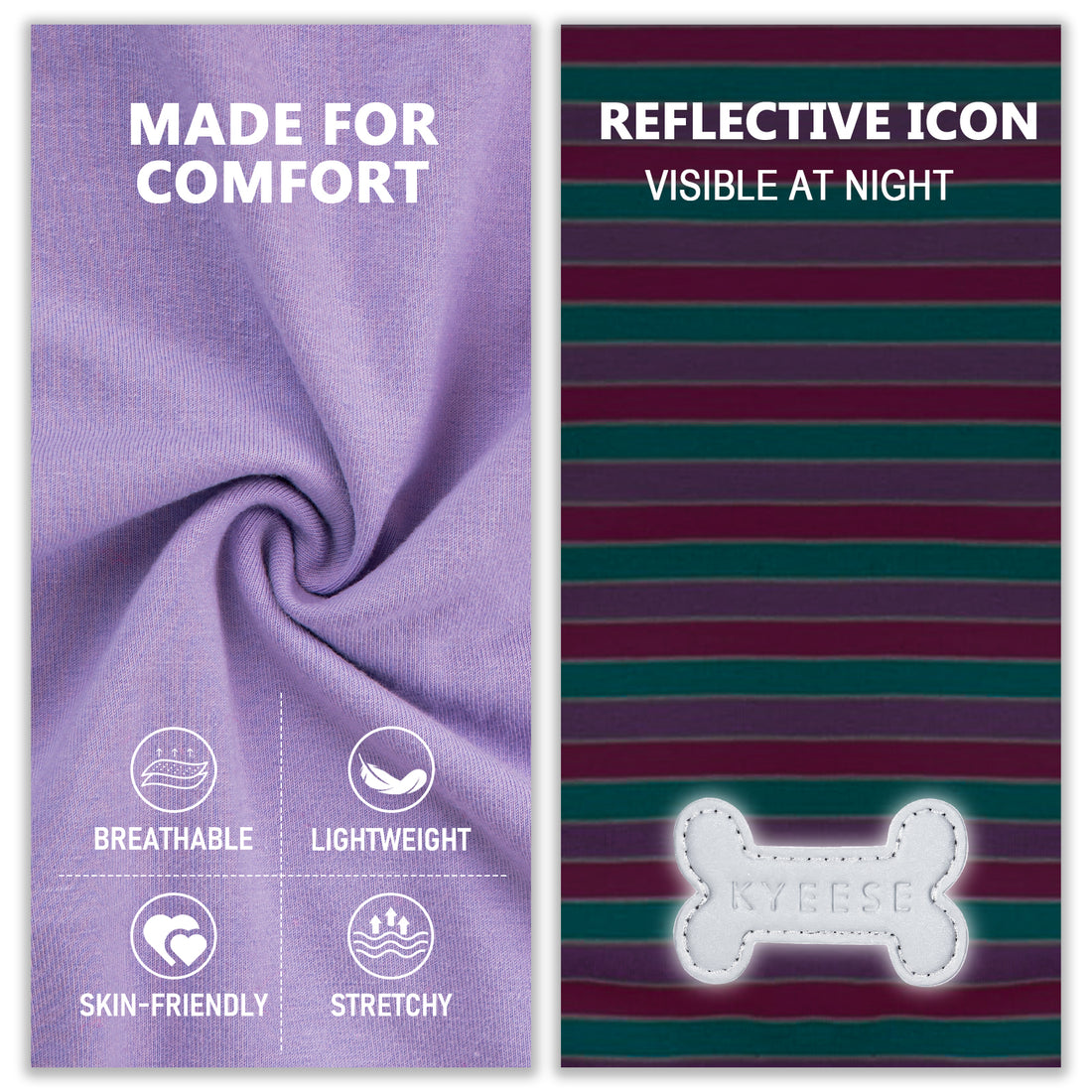 Lightweight dog shirt fabric swatches: solid purple and dark striped design