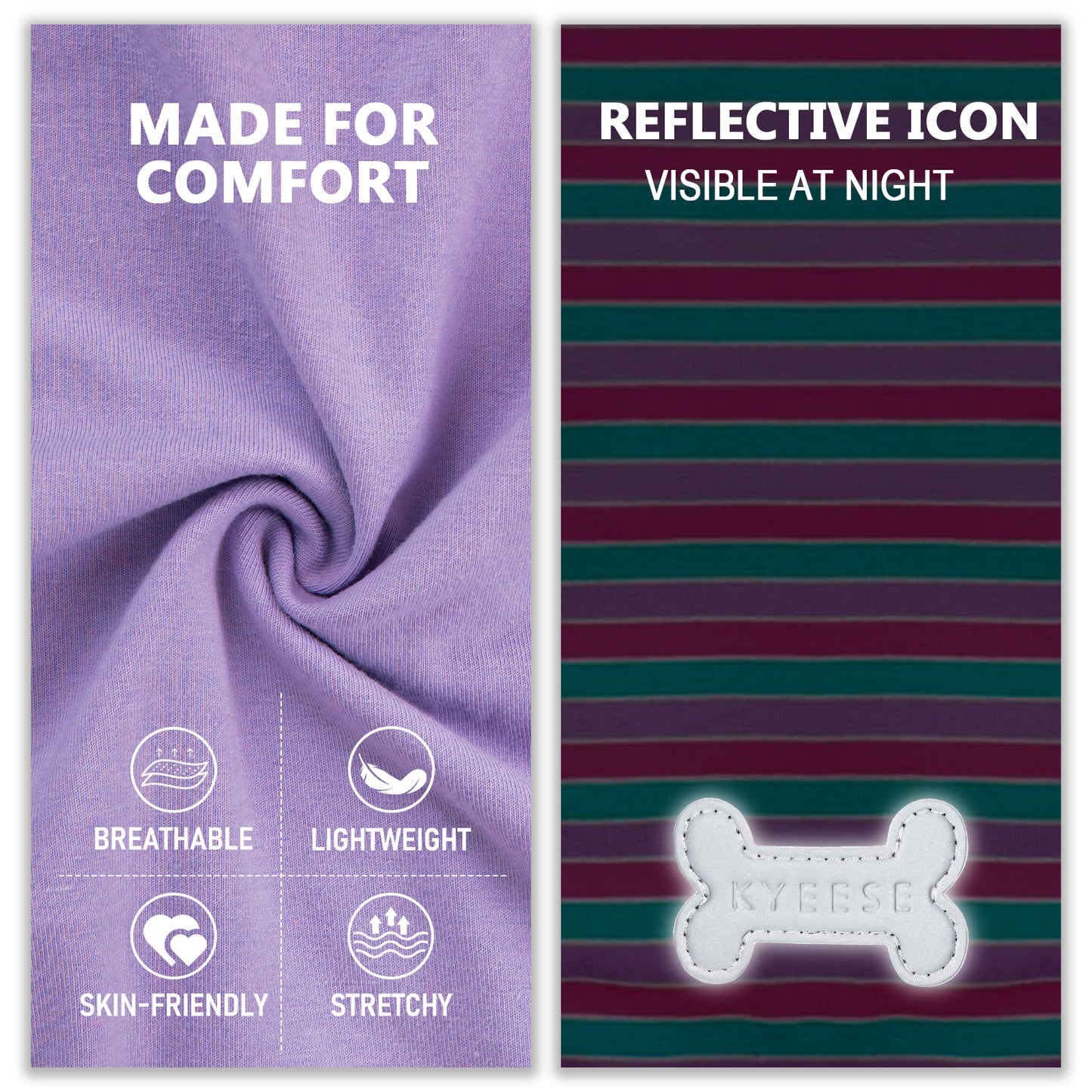 Lightweight dog shirt fabric swatches: solid purple and dark striped design