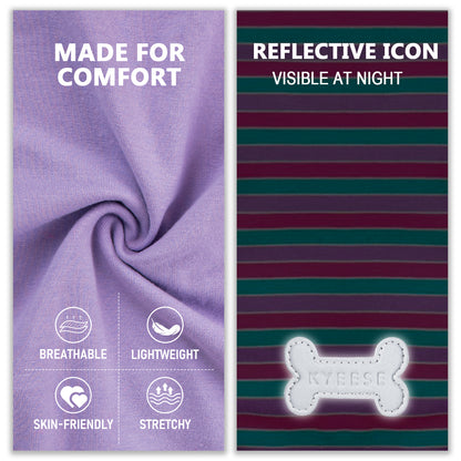 Lightweight dog shirt fabric swatches: solid purple and dark striped design