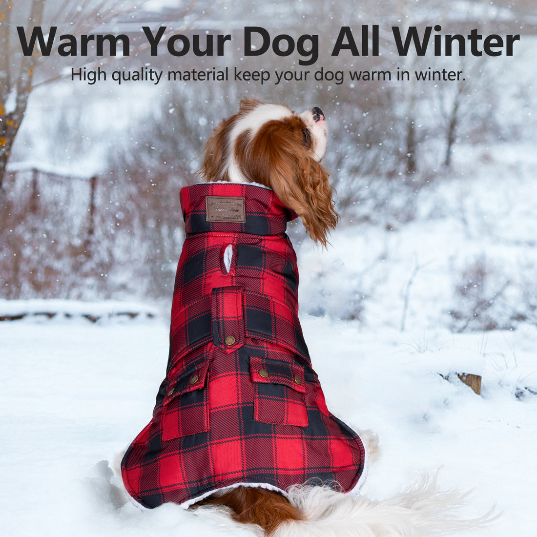 Plaid windproof dog coat with hood and pockets, red/black plaid, worn by a dog
