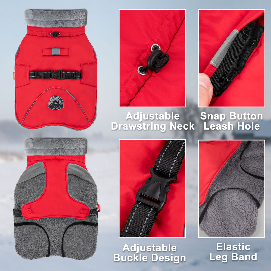 Red fleece-lined dog coat detail: adjustable drawstring neck, leash hole, elastic leg band