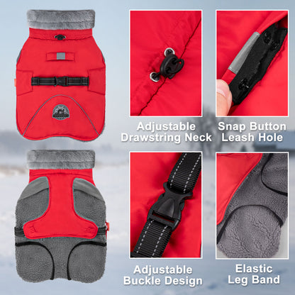Red fleece-lined dog coat detail: adjustable drawstring neck, leash hole, elastic leg band