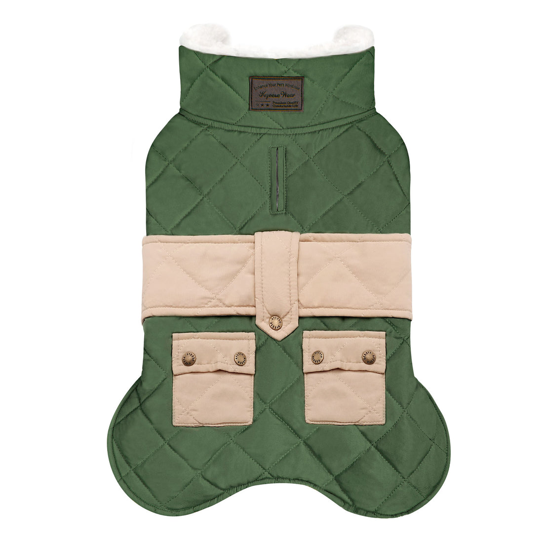 Quilted windproof dog coat with pocket, green outer with beige panels and two front pockets