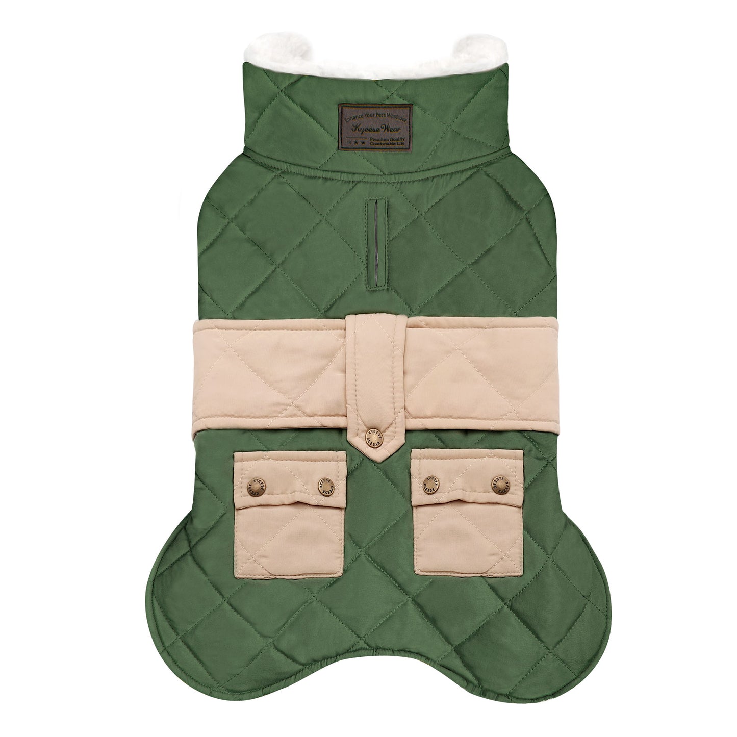 Quilted windproof dog coat with pocket, green outer with beige panels and two front pockets