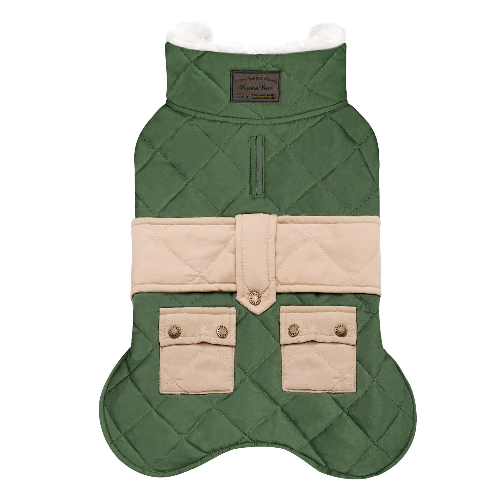 Quilted windproof dog coat with pocket, green outer with beige panels and two front pockets