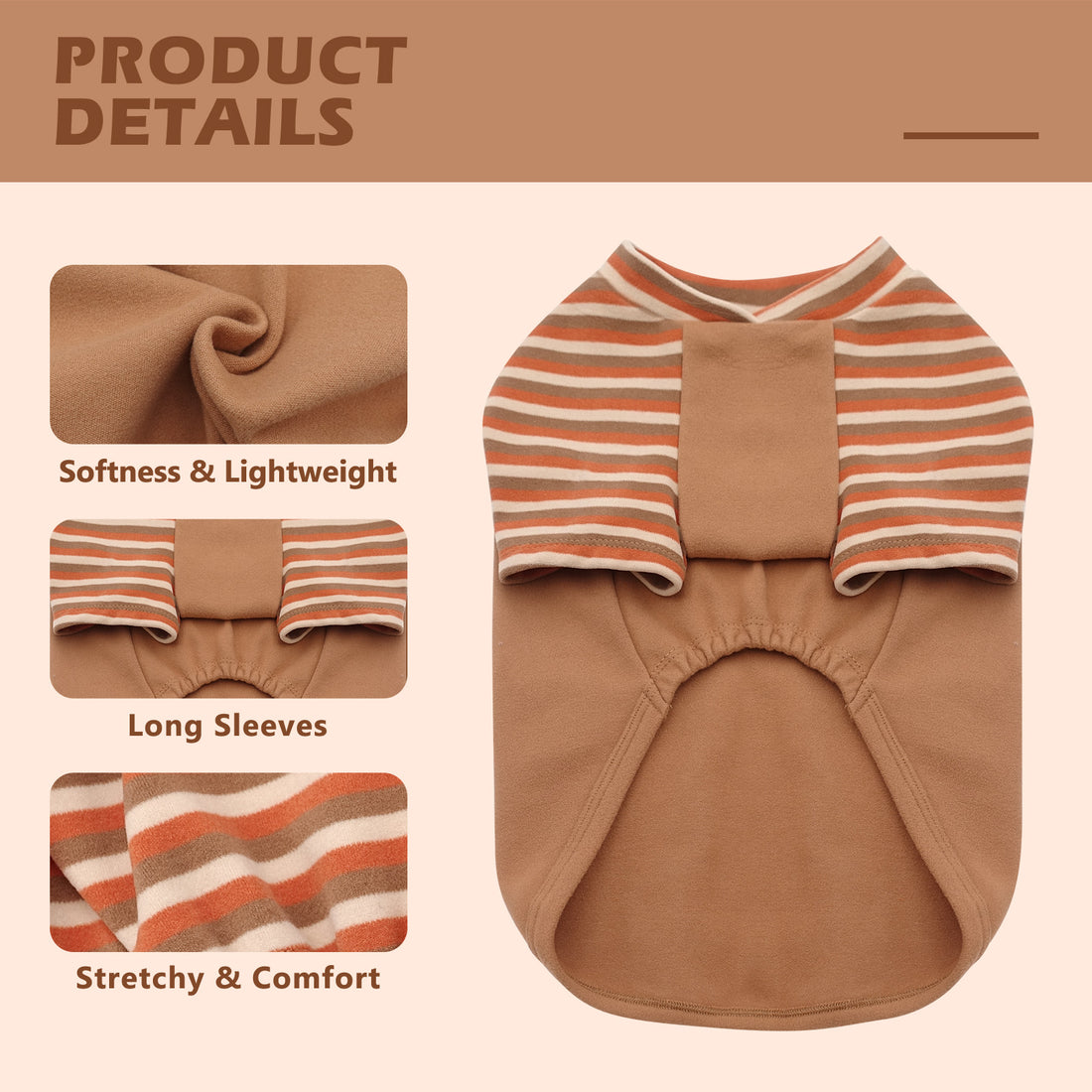 Tan dog shirt with orange and white striped raglan sleeves and inner collar trim