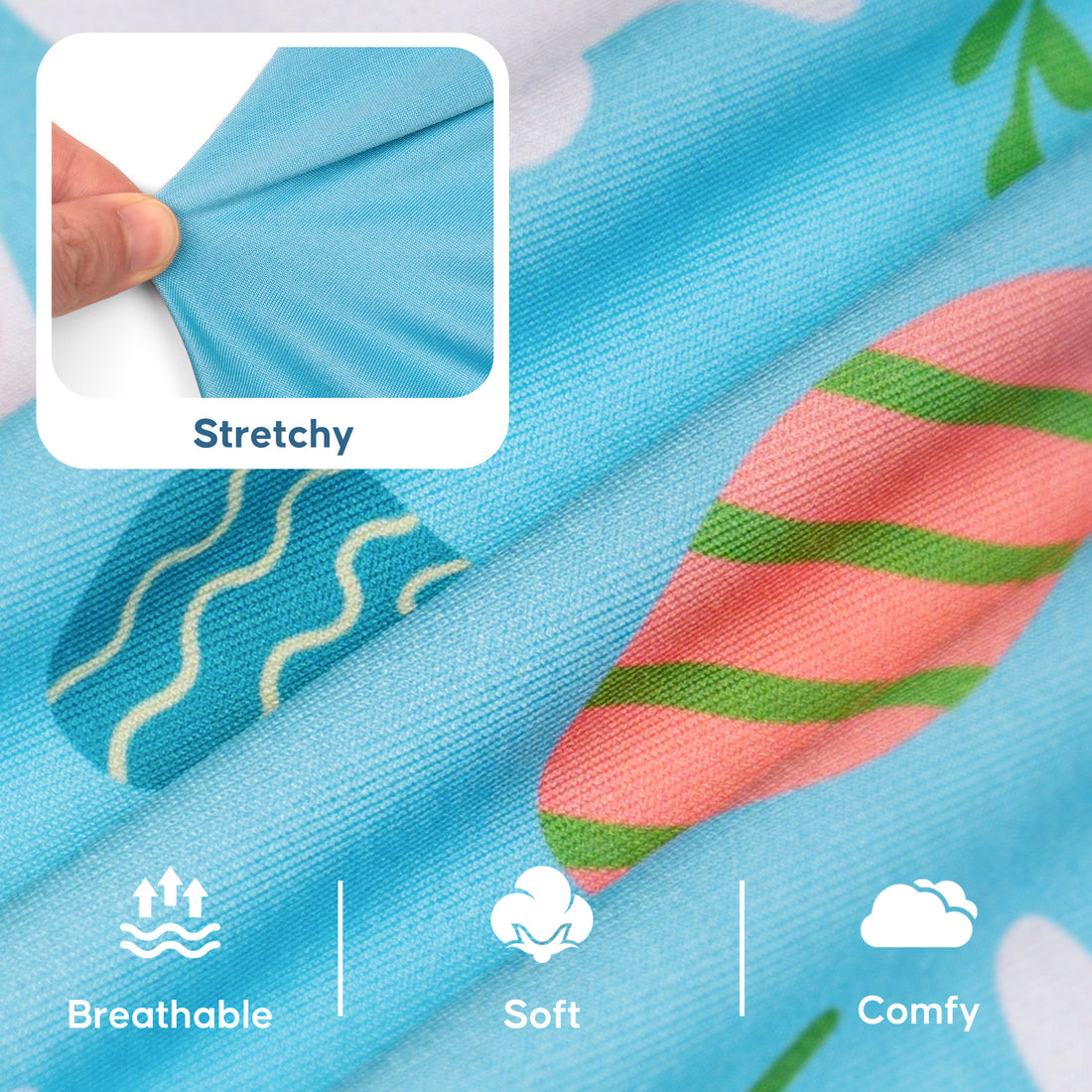 Light blue stretchy knit fabric for a sleeveless dog shirt with colorful Easter print.