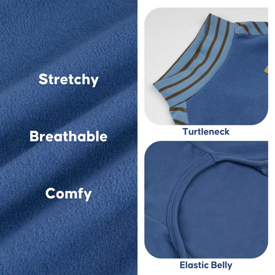 Blue thermal dog pajamas fabric close-up with striped turtleneck and elastic belly.