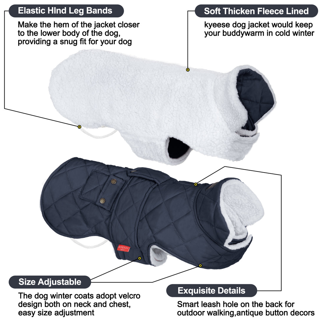 Gray quilted dog coat with soft fleece lining, adjustable straps, and elastic leg bands