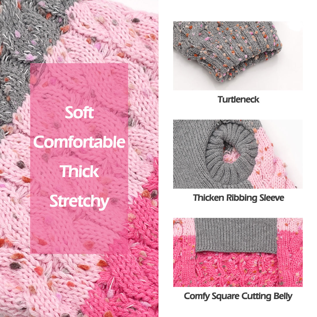 Pink and gray knit dog sweater texture close-up with thick ribbed sleeve and neckline