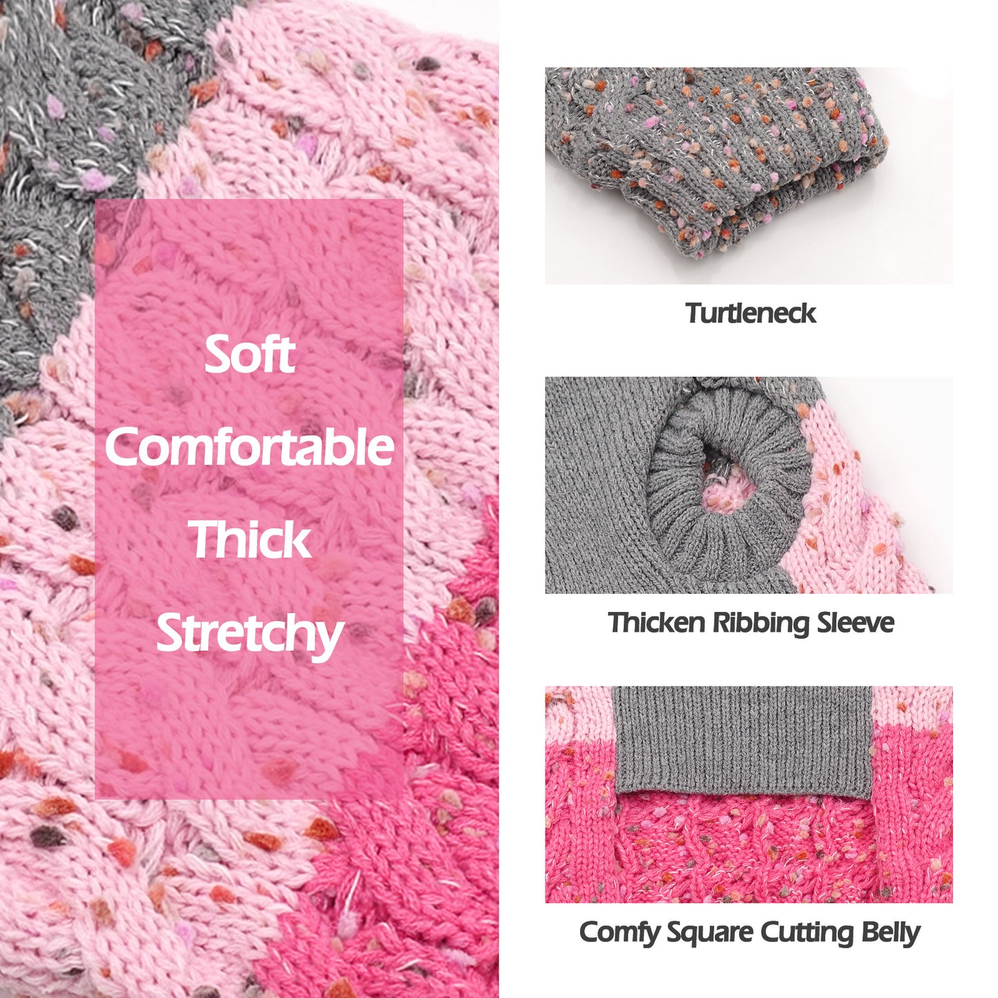 Pink and gray knit dog sweater texture close-up with thick ribbed sleeve and neckline