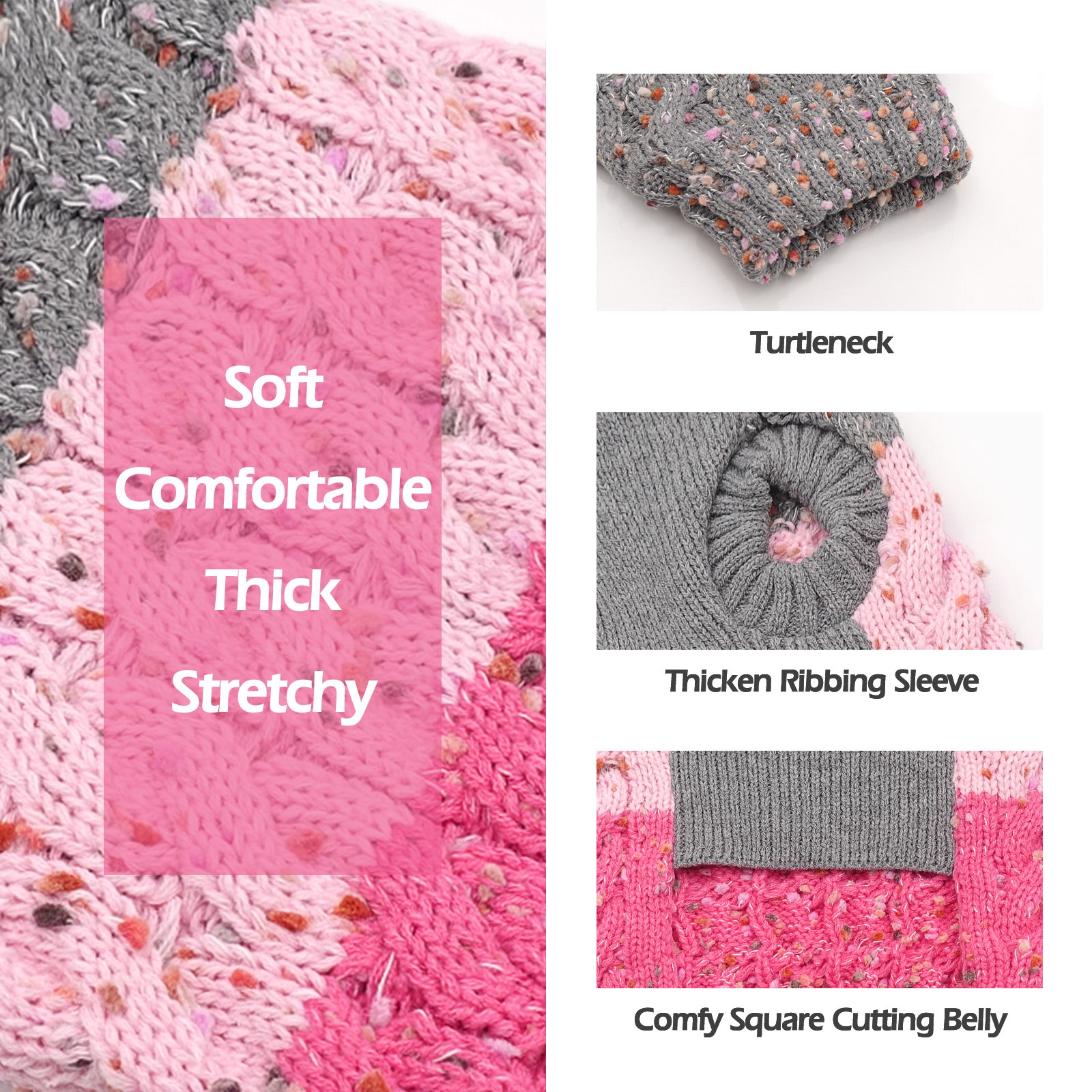 Pink and gray knit dog sweater texture close-up with thick ribbed sleeve and neckline