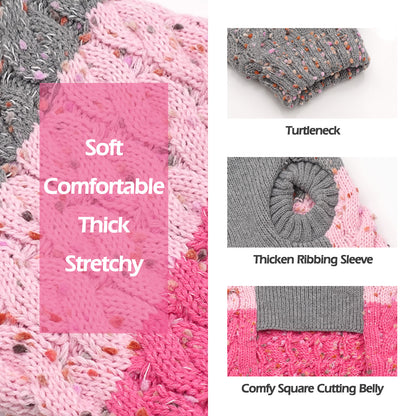 Pink and gray knit dog sweater texture close-up with thick ribbed sleeve and neckline