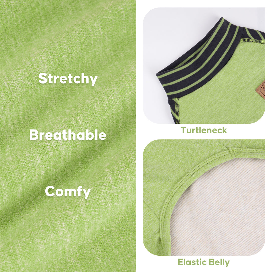 Green thermal dog pajamas with ribbed turtleneck collar and elastic belly