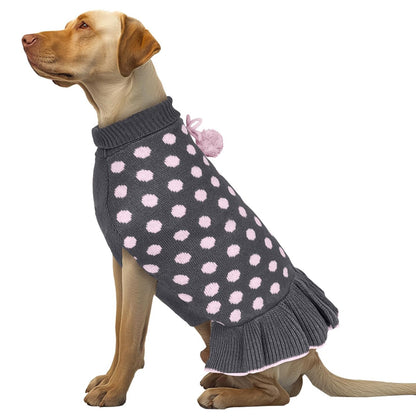 Grey dog sweater dress with pink polka dots, pom pom detail, and ribbed cuffs.