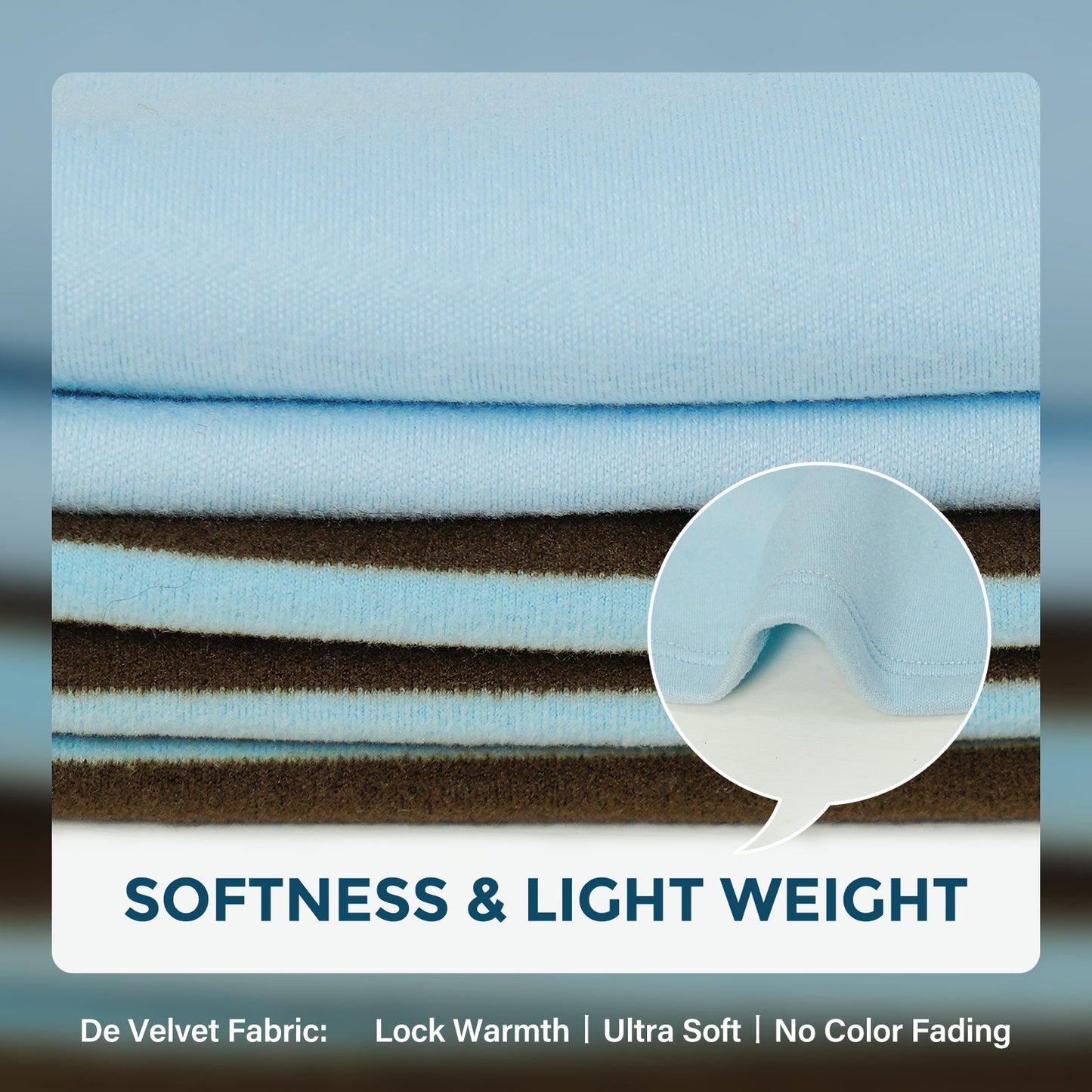 Stacked dog sleeveless velvet sweater fabric in light blue with a layered border