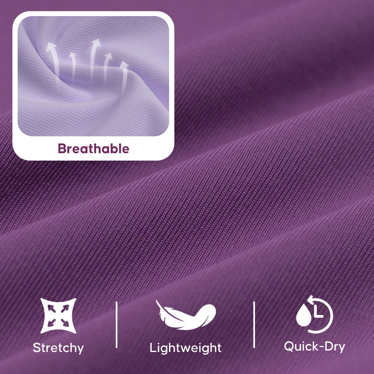 Purple UV-protective shirt fabric swatch with fine ribbed texture and stretch knit