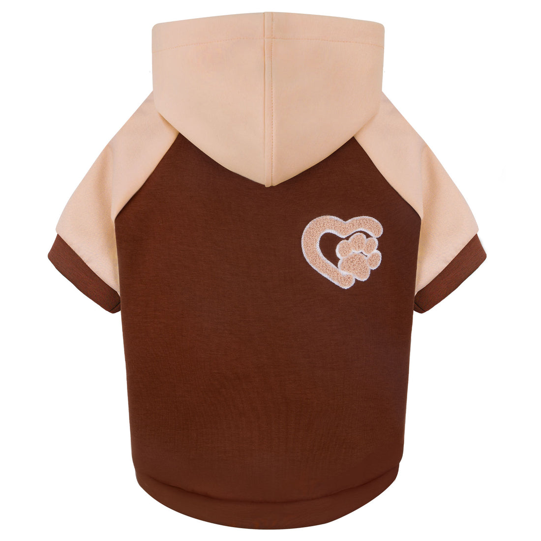 Winter dog hoodie with pink hood and brown torso, and pink paw patch