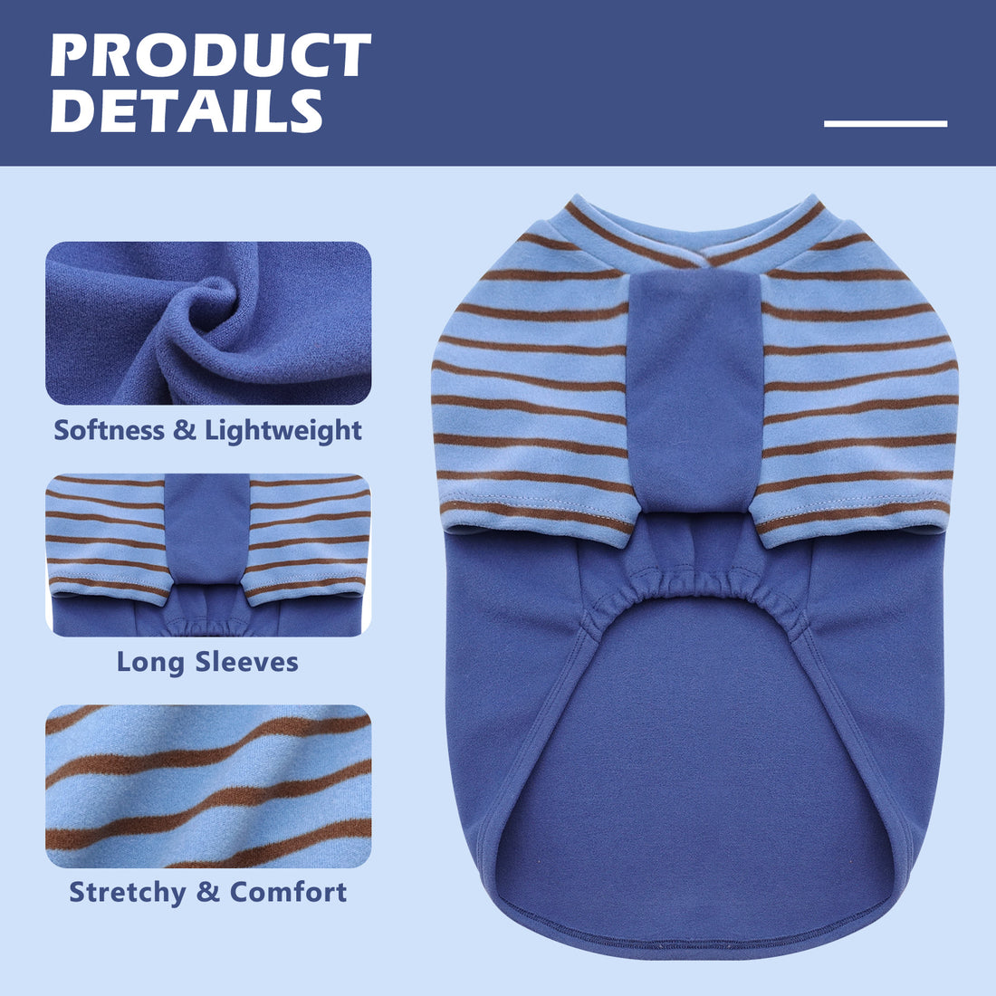 Blue dog raglan shirt with tan striped sleeves and pullover design