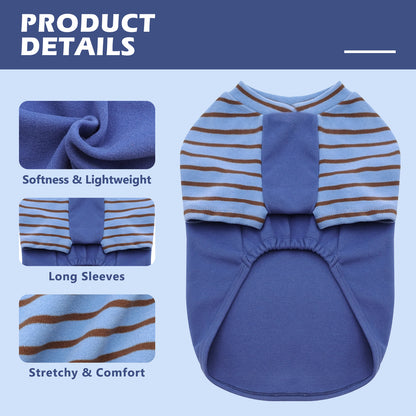 Blue dog raglan shirt with tan striped sleeves and pullover design
