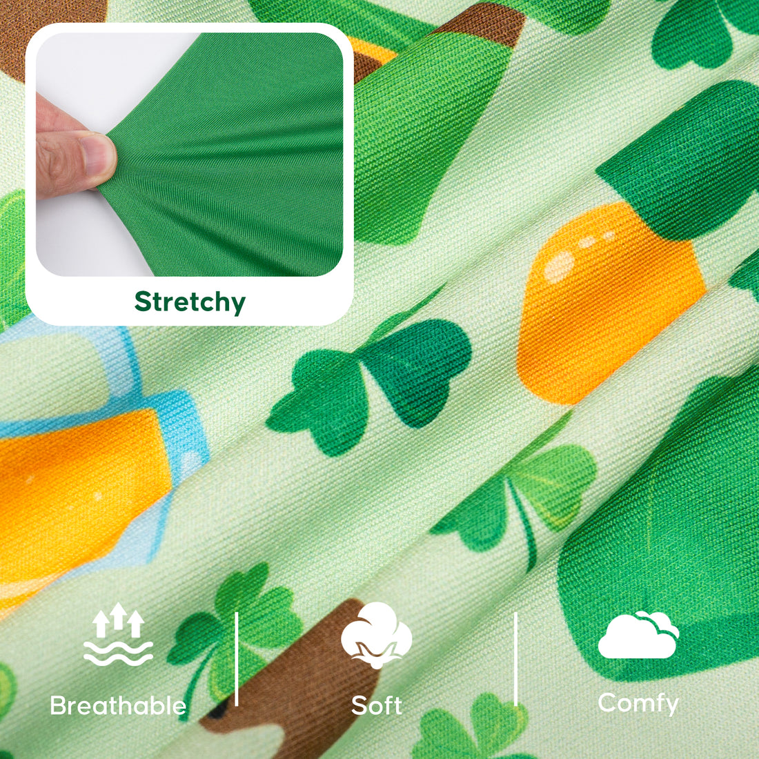 Shamrock-pattern dog shirt fabric closeup; stretchy, breathable, soft, comfy