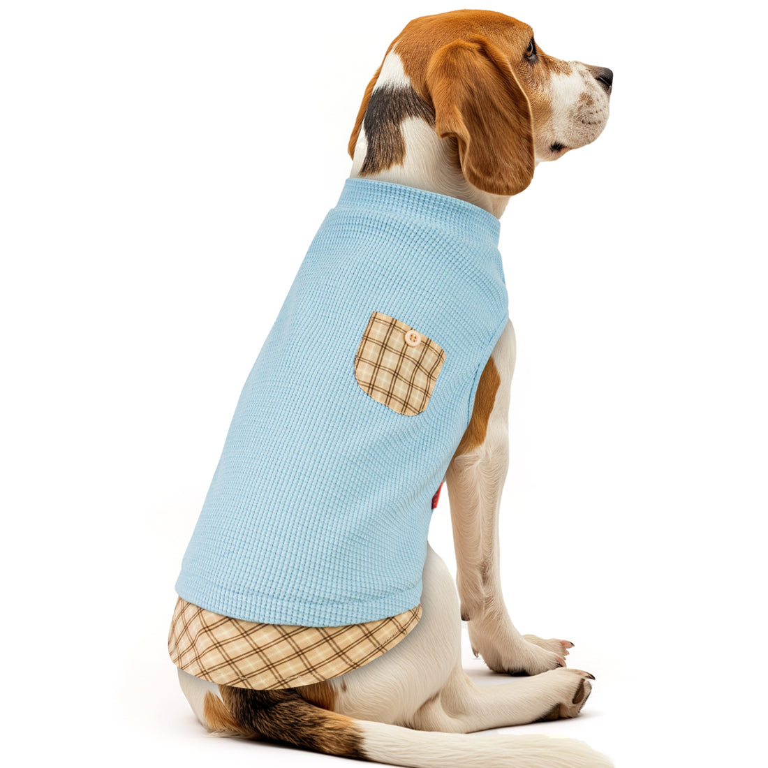 Blue waffle knit dog sleeveless shirt with plaid patch pocket and plaid hemline