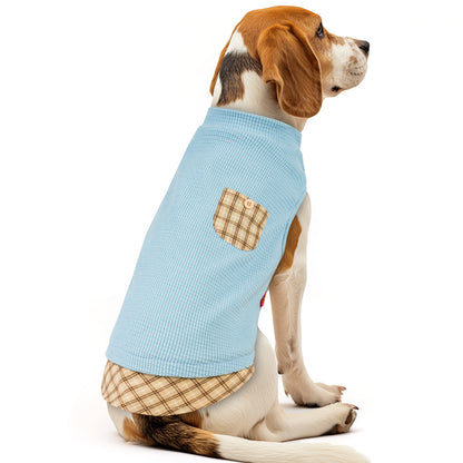 Blue waffle knit dog sleeveless shirt with plaid patch pocket and plaid hemline