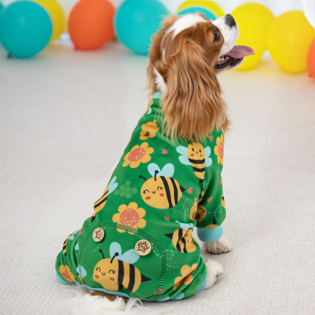Green dog onesie pajamas with bee pattern and light blue cuffs, worn while sitting.