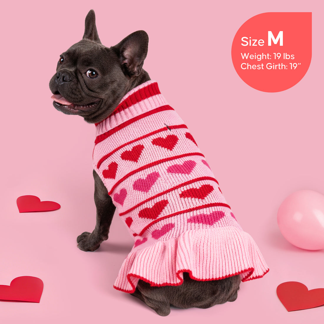 Pink dog sweater dress with red striped heart knit and ribbed flared skirt