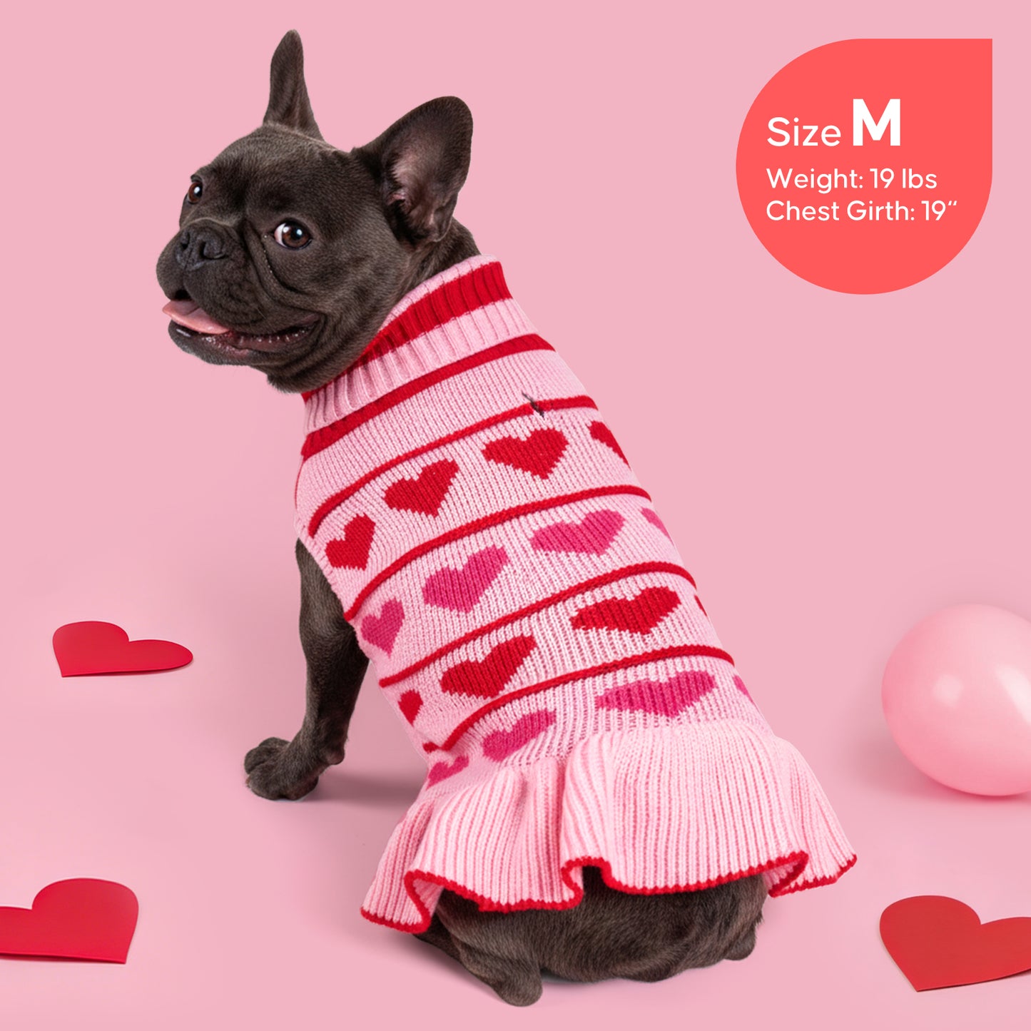 Pink dog sweater dress with red striped heart knit and ribbed flared skirt