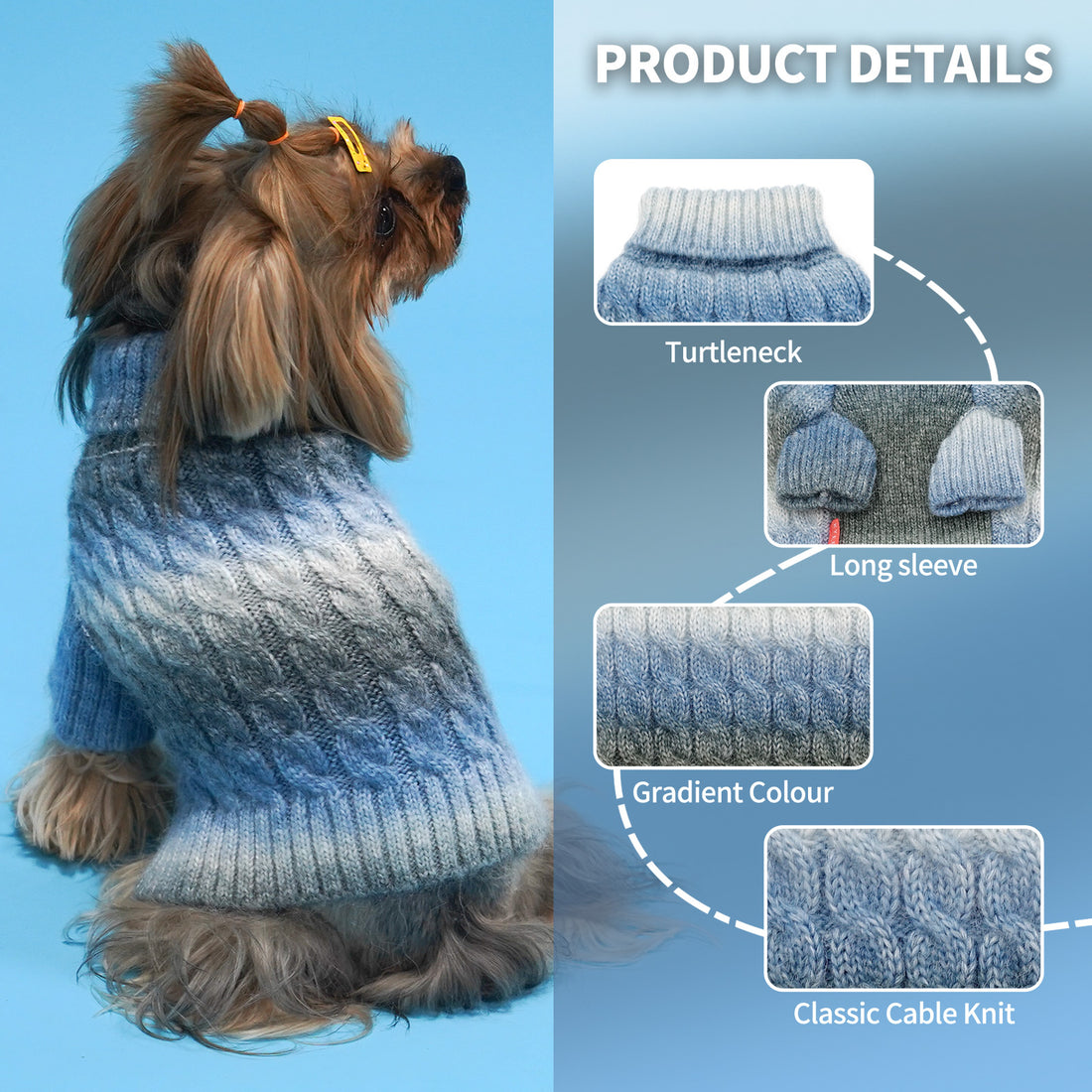 Blue gradient cable-knit dog sweater, turtleneck and long sleeves detail
