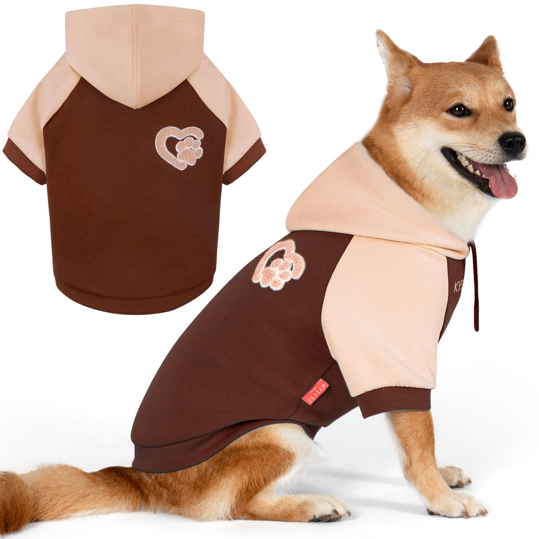 Winter dog hoodie with pink hood and brown body, paw patch and front leash opening