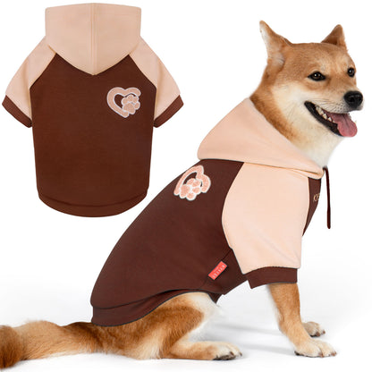 Winter dog hoodie with pink hood and brown body, paw patch and front leash opening