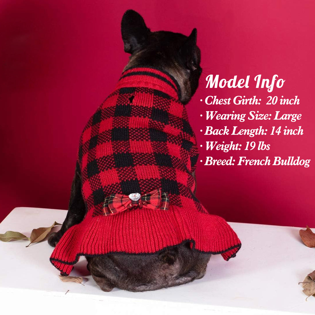 Dog sweater dress in red and black plaid knit with ribbed hem and heart bow