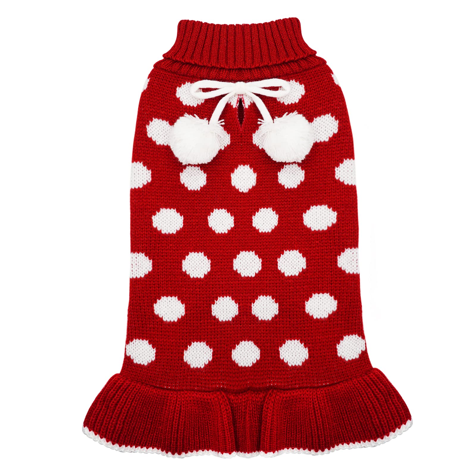 Red dog sweater dress with white polka dots, bow and pom pom accents, knit skirt hem.