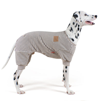 Gray striped dog onesie pajamas with belly cutout and tan logo patch