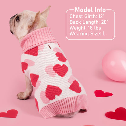 Dog sweater with pink collar and red heart pattern on white knit, ribbed cuffs