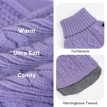 Purple cable knit texture, ribbed turtleneck and gray herringbone hem details