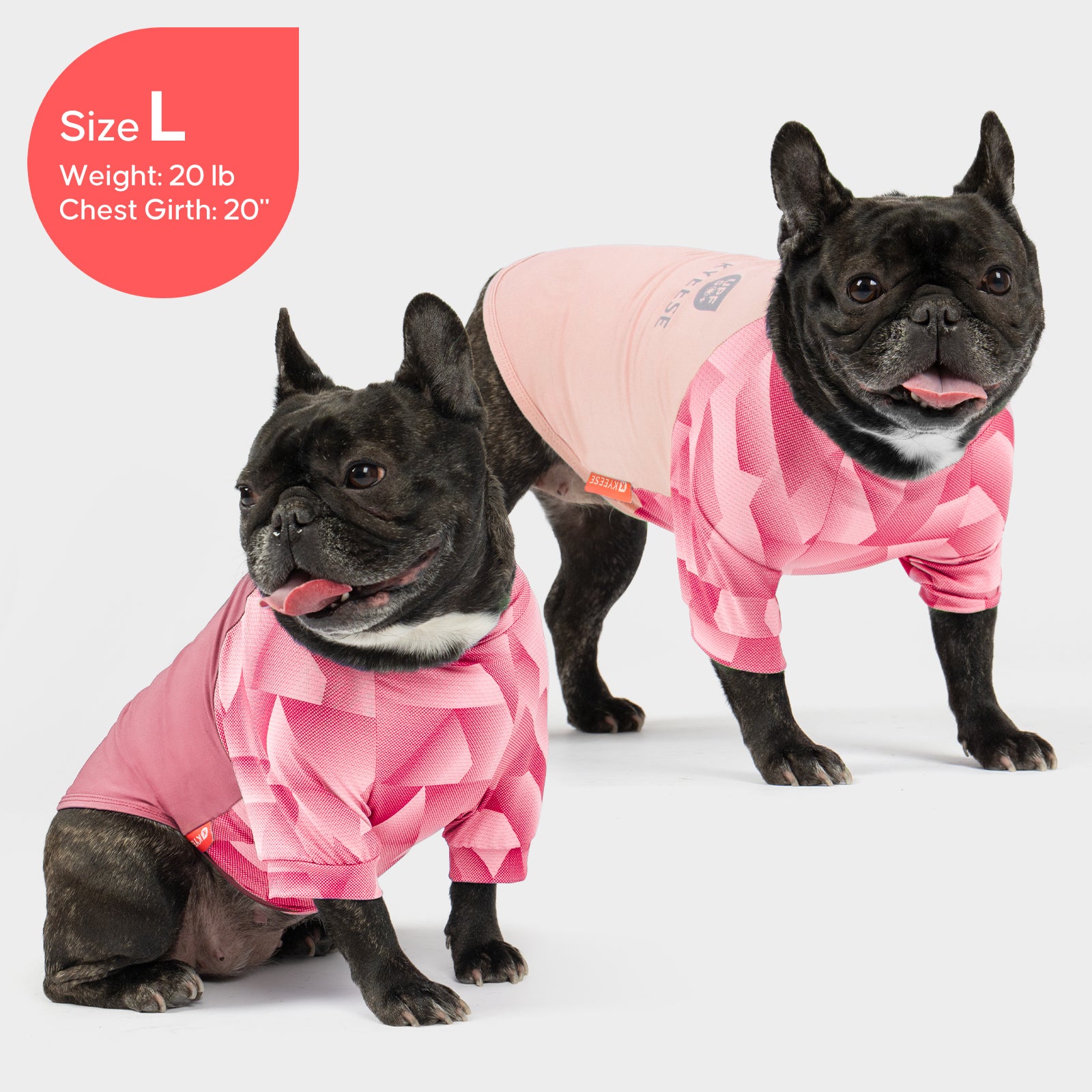 Pink UV dog shirt on black French bulldog, geometric pattern, short sleeves