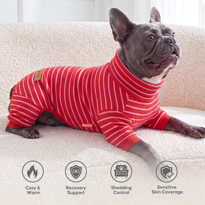 Black French bulldog lying on a sofa in red striped four leg pajamas