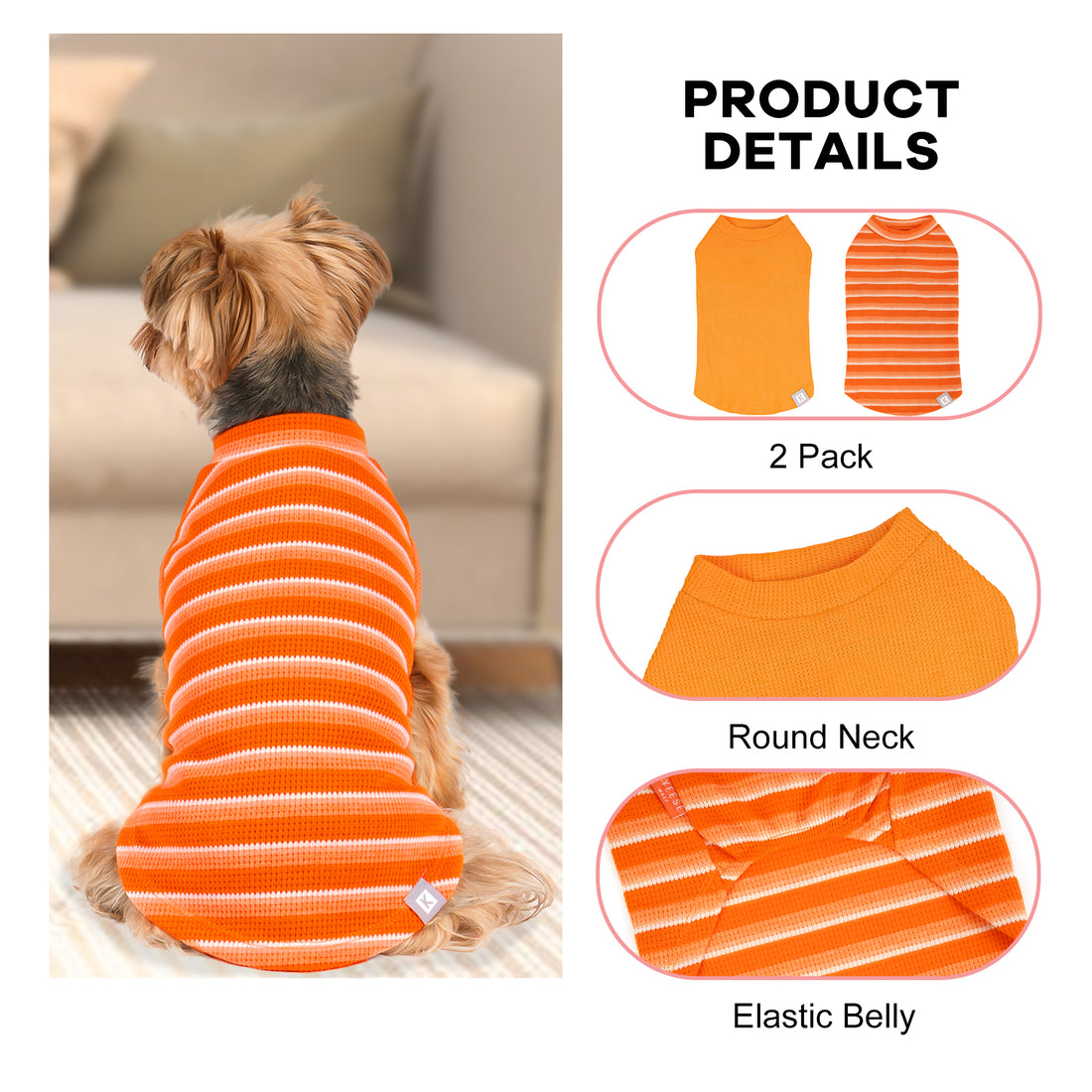 2-pack dog waffle shirts: solid orange and orange striped shirts, round neck