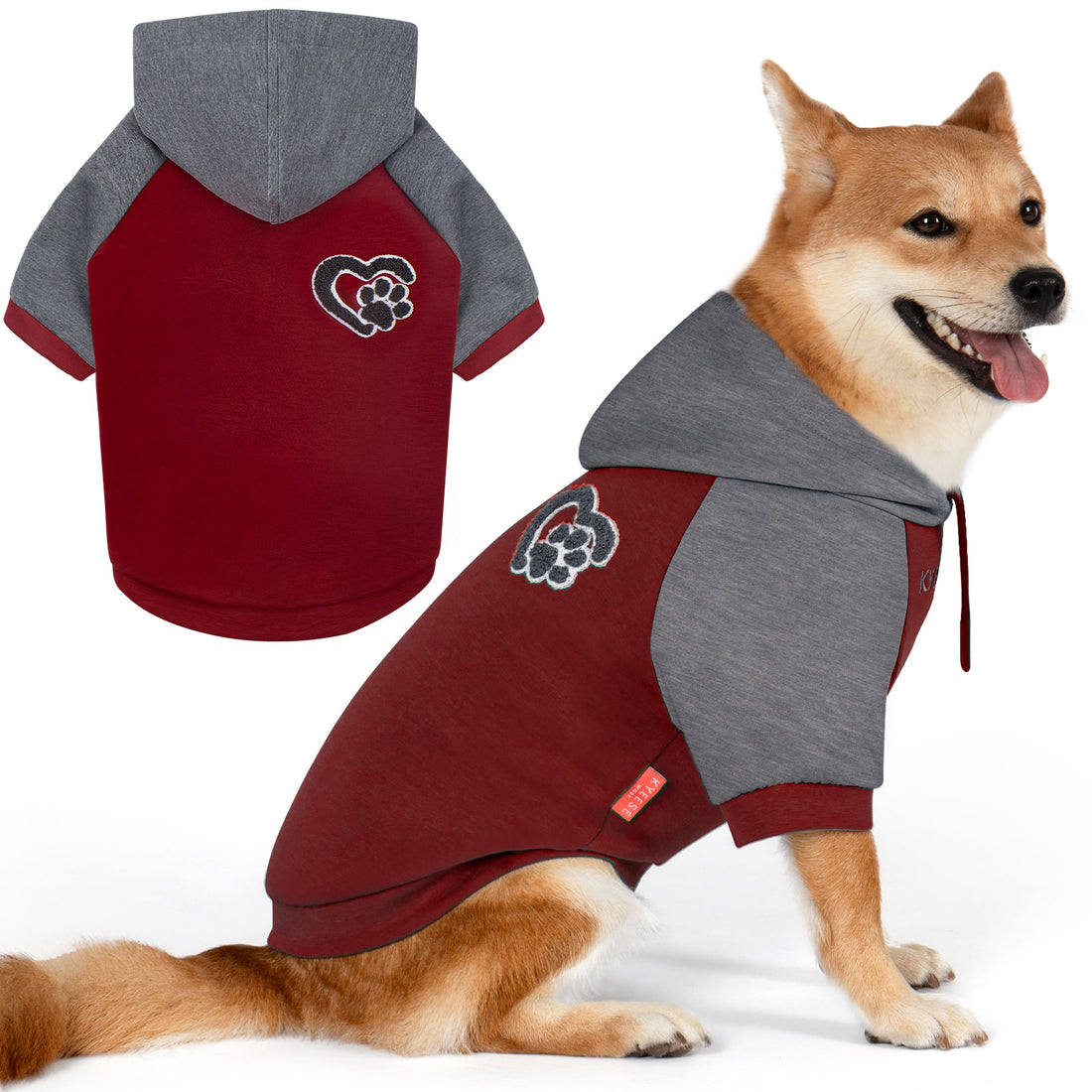 Dog winter hoodie with hood, gray sleeves and red body, paw patch logo at chest