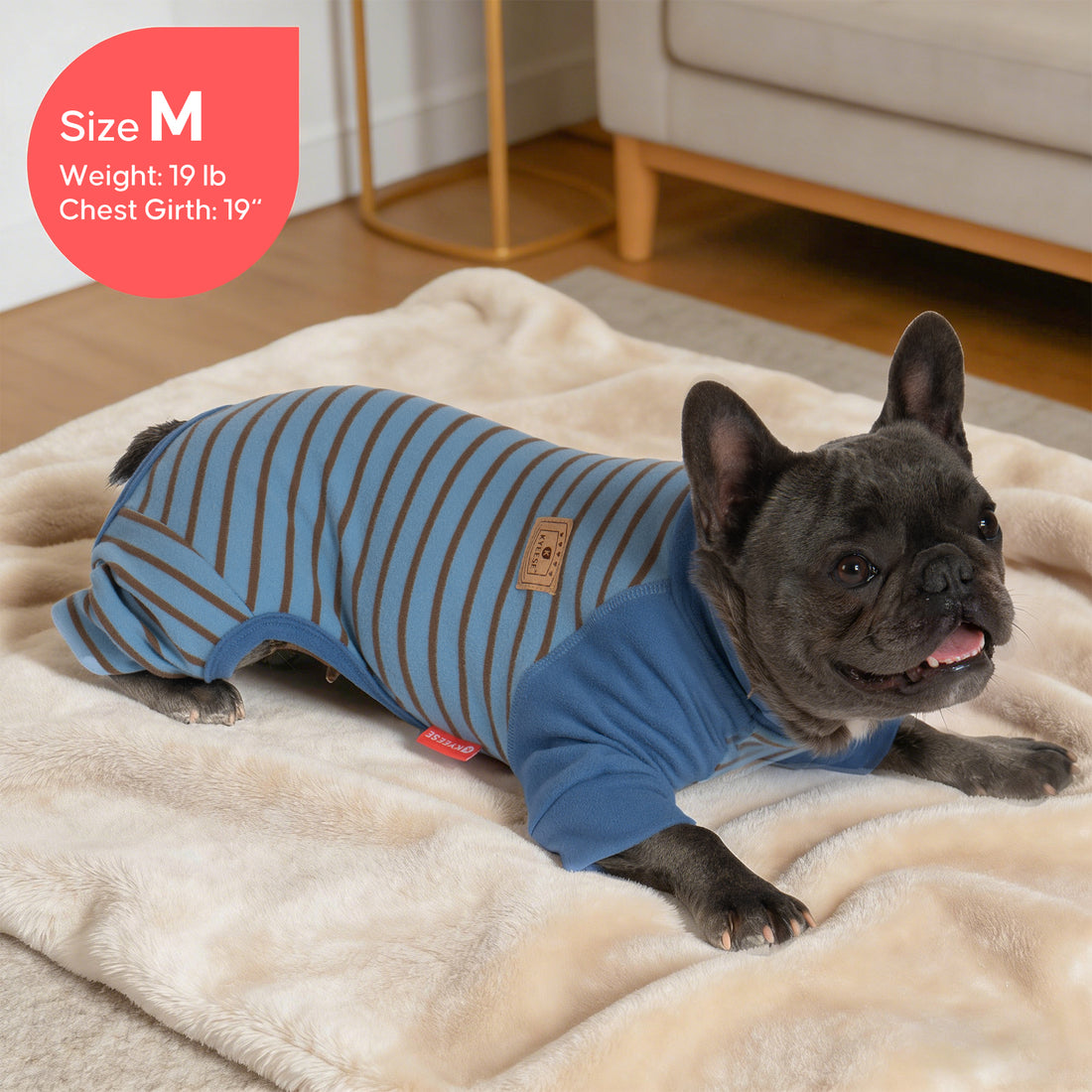 Blue thermal dog pajamas with brown-and-blue stripes and foot-length leg openings