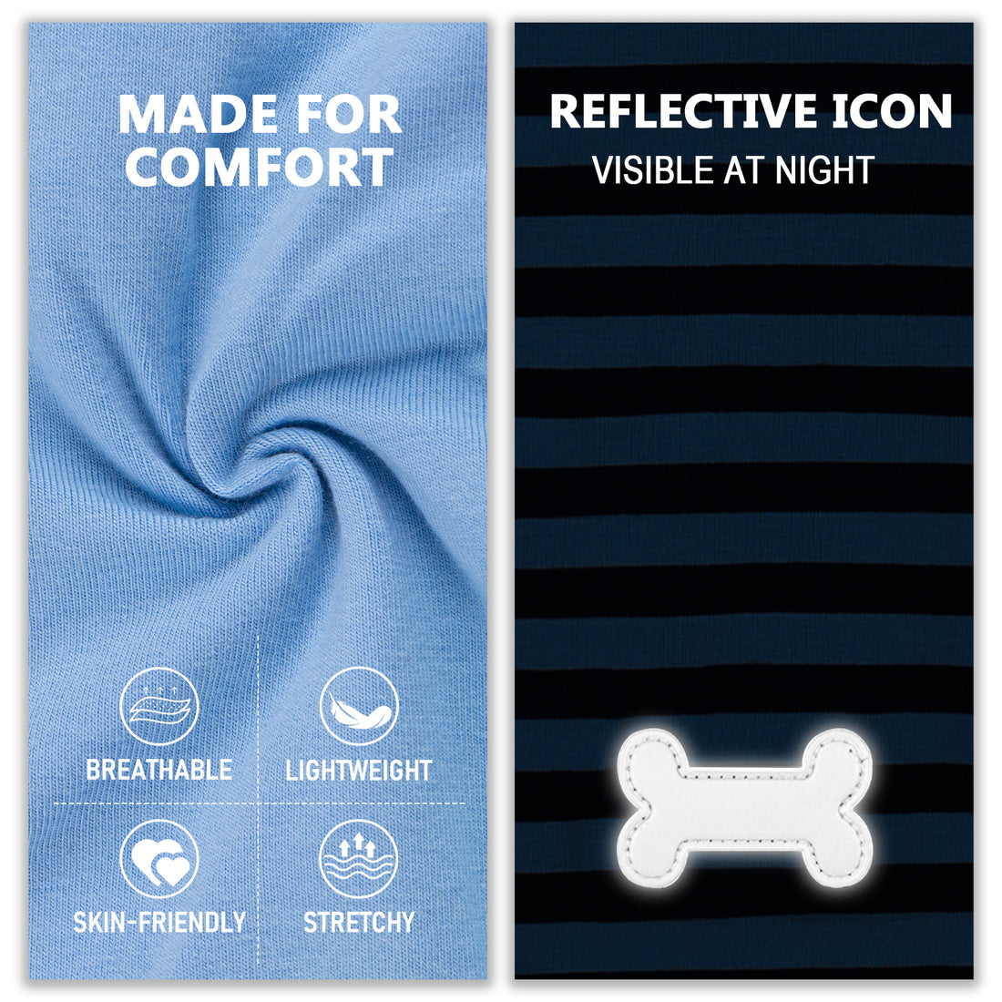 Lightweight dog shirt fabric swatches: light blue solid and dark blue striped