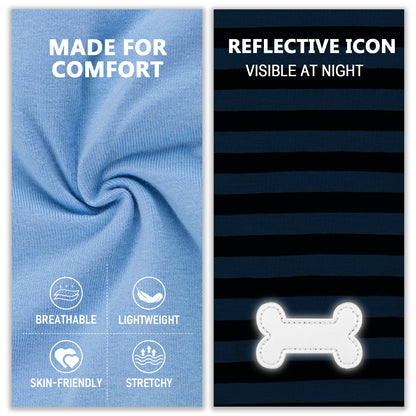 Lightweight dog shirt fabric swatches: light blue solid and dark blue striped
