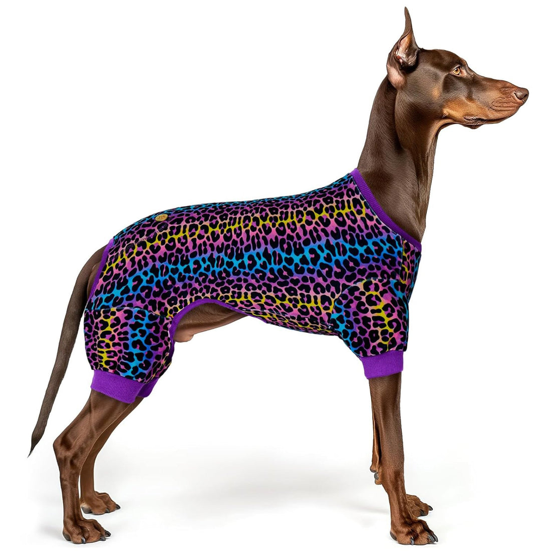 Leopard print dog onesie pajamas with purple cuffs and round neckline, long leg style